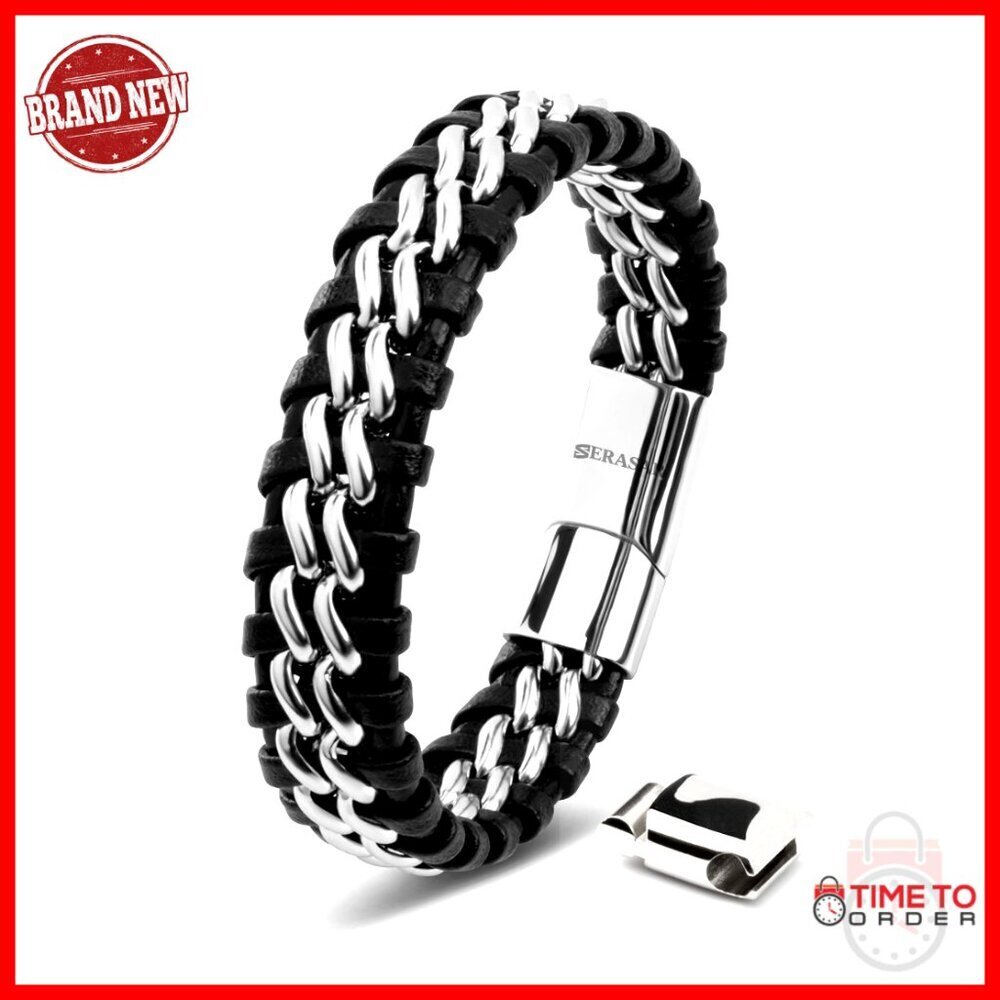 Genuine Leather Bracelet with Magnetic Clasp, 9 Inches, Stainless Steel